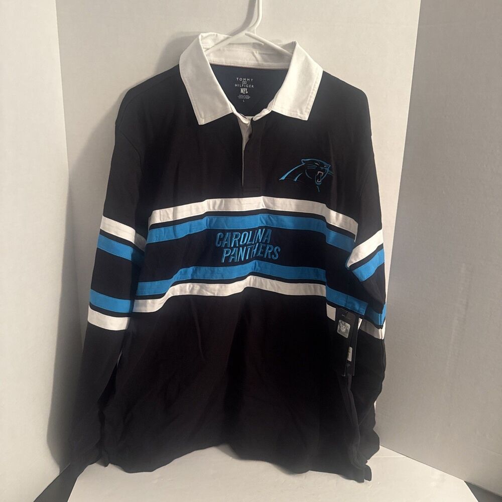 NFL Mens Tommy Hilfiger Rugby Top Long Sleeve Polo Carolina Panthers Shirt L